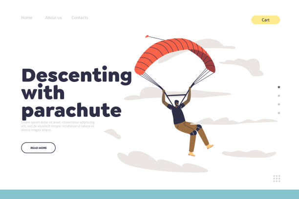 istock Descending with parachute concept of landing page with professional parachutist skydive 1313167993