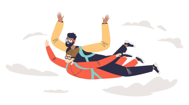 무료 낙하낙하산과 함께 탠덤 스카이 다이빙 점프에 커플. 행복한 남자와 여자 패러글라이딩 - skydiving tandem parachute parachuting stock illustrations