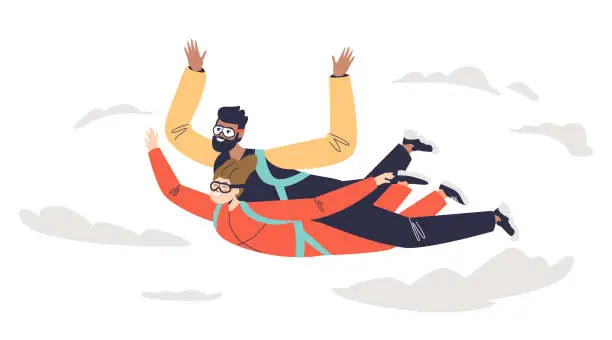 Vector illustration of Couple in tandem skydiving jump with parachute in free falling. Happy man and woman paragliding