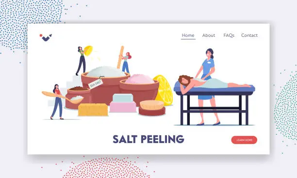 Vector illustration of Relaxed Woman Applying Peeling Massage or Salt Scrub in Spa Salon Landing Page Template. Beauty Product of Natural Salt