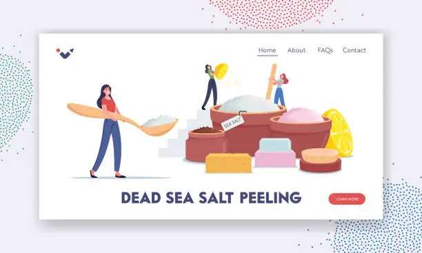Vector illustration of Home Cosmetics Landing Page Template. Tiny Female Characters Making Beauty Product of Dead Sea Salt, Lemon Juice and Oil