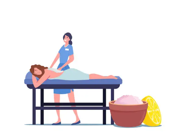 Vector illustration of Young Female Character Lying on Table Receiving Relaxing Back Massage with Salt Scrub in Spa Salon. Woman Get Body Care