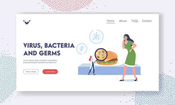 Vector illustration of Virus, Bacteria and Germs in Contaminated Food Landing Page Template. Sick Female Character Nausea after Eating Burger