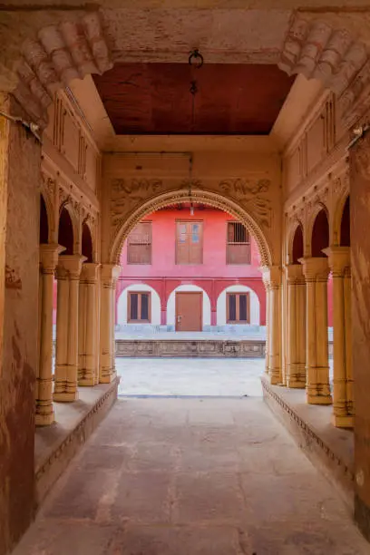 Photo of Colonnaded way into a courtyard in Vrindavan, Uttar Pradesh state, Ind