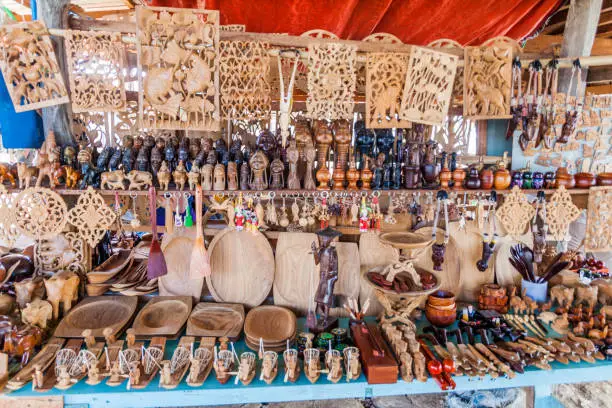 INLE, MYANMAR - NOVEMBER 28, 2016: Woodcraft souvenir stall at Inle lake, Myanmar