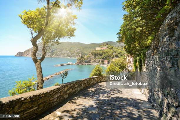 View From Hiking Trail To Beautiful Coastline And Beach Of Mediterranean Sea Near Village Monterosso Al Mare In Early Summer Cinque Terre Liguria Italy Europe Stock Photo - Download Image Now