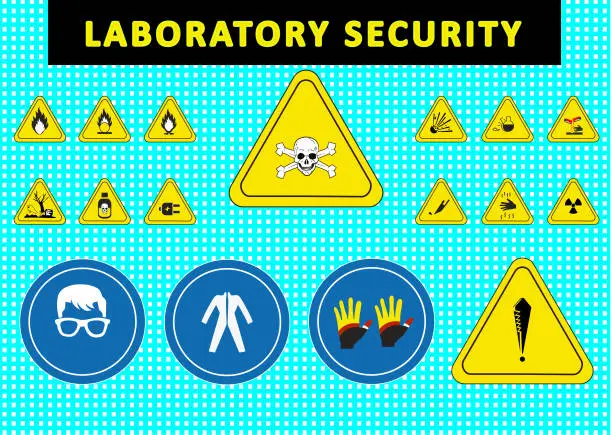 Vector illustration of Collection of warning signs. Signs of alerts. Work safety signs. chemical laboratory warning signs.  work safety warning symbols. infographic. Danger and attention marks