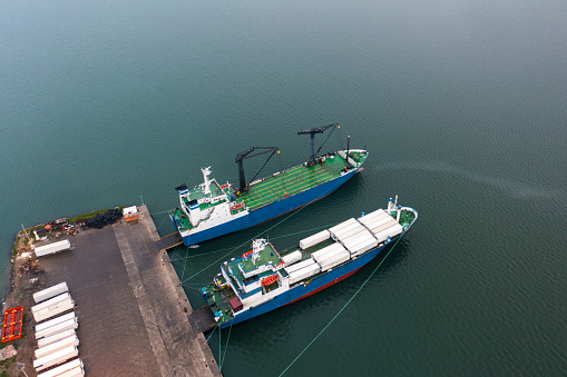 Aerial view of Ro-Ro ship in port.