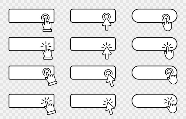 ilustrações, clipart, desenhos animados e ícones de clique no botão cursor em branco em fundo transparente. clicando no modelo de banner. - buy push button interface icons computer mouse