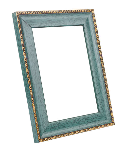 istock Vertical standing empty large dark green wooden frame for photo or artwork with decorative golden border isolated on white background 1313176650