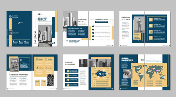 Brochure creative design. Multipurpose template, include cover, back and inside pages. Trendy minimalist flat geometric design. Vertical a4 format. report document stock illustrations