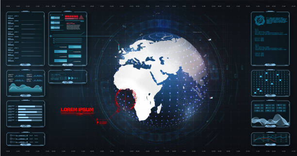 Data screen with chart, graphic, ui, ux panel, visualization screen. Earth globe, control center, command, game. Globe with digital radar interface, concept of communication technology. Vector Data screen with chart, graphic, ui, ux panel, visualization screen. Earth globe, control center, command, game. military infographic elements stock illustrations