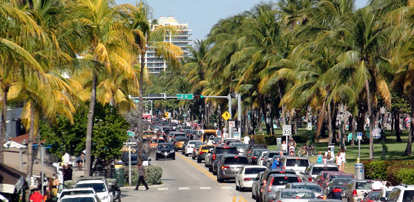 Miami Beach Road In Florida United States Of America, Building Exterior, Tree, Land Vehicle On The Road, People Walking Back And Forth, Palm Tree Scenery