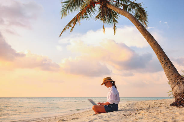 istock Young female freelancer wearing straw hat working on laptop while sitting on tropical beach at sunset 1313179128