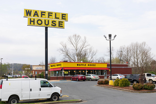 Johnson City, TN, USA-8 April 2021: A Waffle House, located near Johnson City.