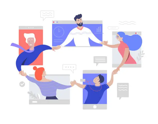 Vector illustration of Team work online video conference. Friendly and togetherness team. Isolation online meeting. Corporate distant discussion. Flat vector illustration concept.
