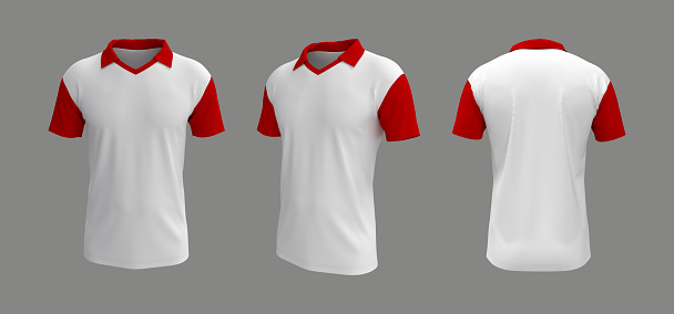 men's collared t-shirt mockup in front, side and back views, design presentation for print, 3d illustration, 3d rendering