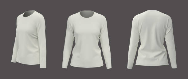istock Women's long sleeve  t-shirt mockup, front, side and back views 1313184709