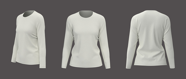 Women's long sleeve  t-shirt mockup, front, side and back views, design presentation for print, 3d illustration, 3d rendering