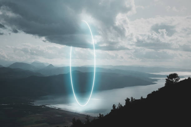 Mountain road landscape, stunning circle shape made with neon light inside the clouds Mountain road landscape, stunning circle shape made with neon light inside the clouds landscape lighting stock pictures, royalty-free photos & images