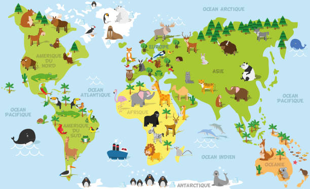 ilustrações de stock, clip art, desenhos animados e ícones de funny cartoon world map in french with traditional animals of all the continents and oceans. vector illustration for preschool education and kids design - lion africa safari south africa