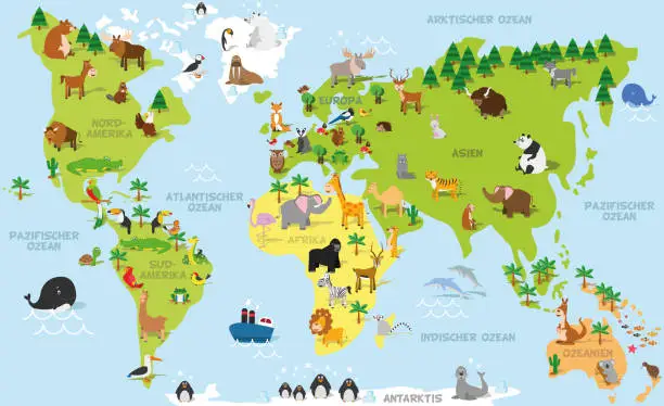 Vector illustration of Funny cartoon world map in german with traditional animals of all the continents and oceans. Vector illustration for preschool education and kids design