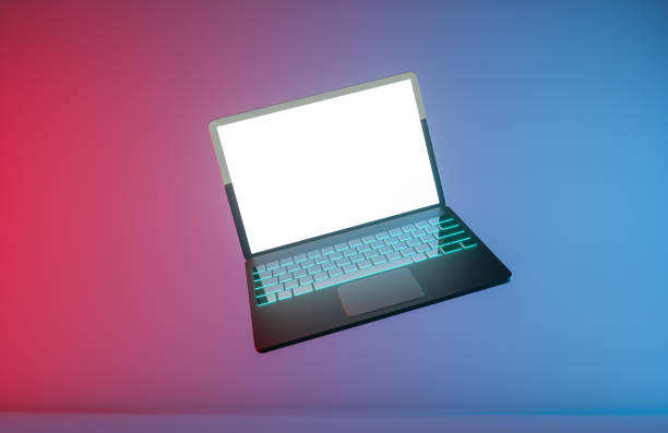 istock Gaming laptop float with color led keyboard glow at abstract background. 3d render 1313186066