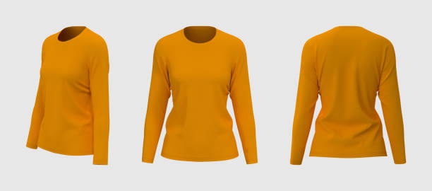 istock Women's long sleeve  t-shirt mockup in front, side and back views 1313186865