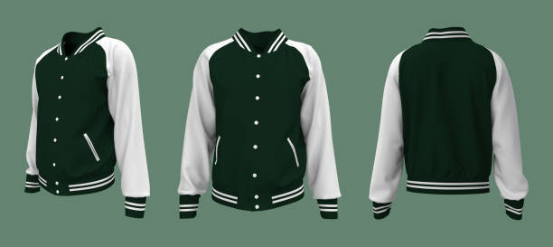 maqueta varsity jacket en vistas delanteras, laterales y traseras - chaqueta letterman fotografías e imágenes de stock