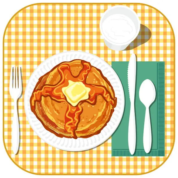 Vector illustration of Pancake Breakfast On A Checked Tablecloth