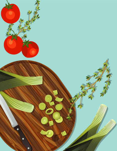 ilustrações de stock, clip art, desenhos animados e ícones de cooking food and vegetables background - cutting board cooking wood backgrounds