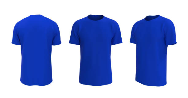 men's short sleeve t-shirt mockup in front, side and back views men's short sleeve t-shirt mockup in front, side and back views, design presentation for print, 3d illustration, 3d rendering blue t shirt stock pictures, royalty-free photos & images