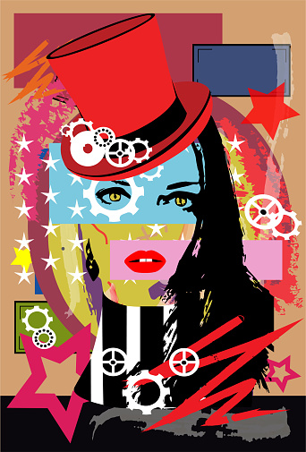 Steam punk girl with cylinder hat and red lips. Pop art background.