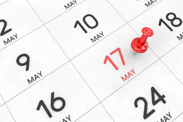3d rendering of important days concept. 3d rendering of important days concept. May 17th. Day 17 of month. Red date written and pinned on a calendar. Spring month, day of the year. Remind you an important event or possibility. number 17 stock pictures, royalty-free photos & images