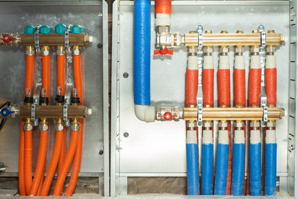 istock Manifold and pump group for underfloor heating with servo-motor and flowmeter valves installed in a private house 1313192695