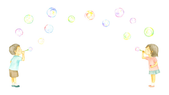 Watercolor illustration of kids playing soap bubbles.