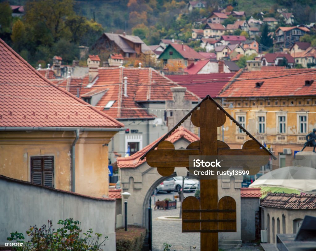 wooden cross overlooking Brasov Romania orthodox wooden cross overlooking the city of Brasov Romania Architecture Stock Photo