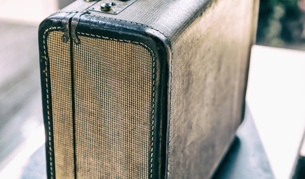 istock Gray suitcase with fabric pattern and leather handle close up on a blurred background 1313192993