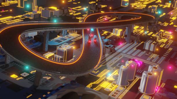 istock concept of data transfer data management and bits city circuit board communication Looping 1313193784