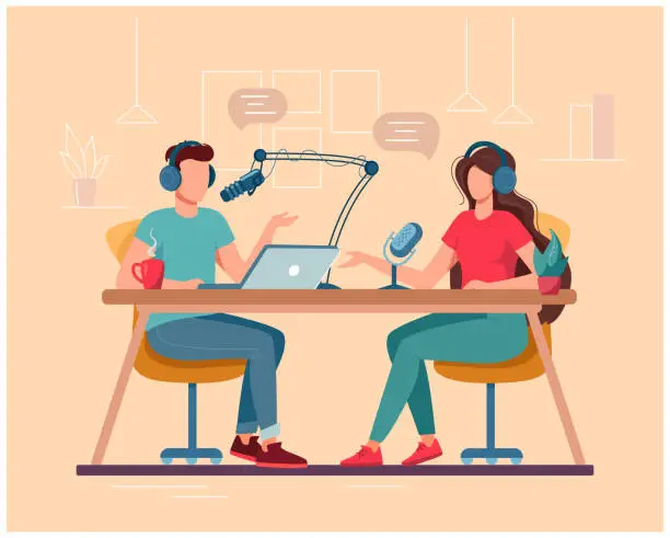 Vector illustration of Man and woman are DJs on the radio. Concept of podcasting, radio station, interview. Podcast presenters with a microphone talking live in studio. Vector flat illustration isolated on beige background