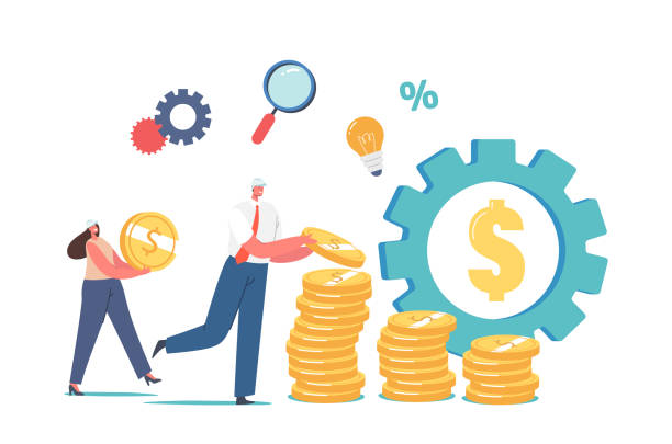 Value Engineering. Tiny Engineers Characters in Helmets Collect Huge Golden Coins in Stacks, Huge Gear with Dollar Value Engineering Concept. Tiny Engineers Characters in Helmets Collect Huge Golden Coins in Stacks, Huge Gear with Dollar Sign, People Saving Money, Grow Value Account. Cartoon Vector Illustration retirement planning advisor stock illustrations
