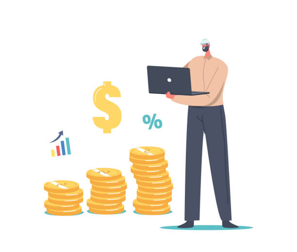 Value Engineering Concept. Tiny Engineer Male Character in Hard Hat Working on Laptop near Huge Stack of Golden Coins Value Engineering Concept. Tiny Engineer Male Character in Hard Hat Working on Laptop near Huge Stack of Golden Coins, Grow Value, Money Saving, Risk Management, Finance. Cartoon Vector Illustration retirement planning advisor stock illustrations