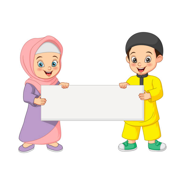 Happy Muslim kid cartoon with blank sign Vector illustration of Happy Muslim kid cartoon with blank sign muslim cartoon stock illustrations