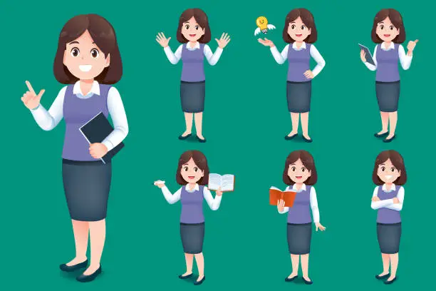 Vector illustration of Asian young woman teacher have different gestures for introducing classroom.