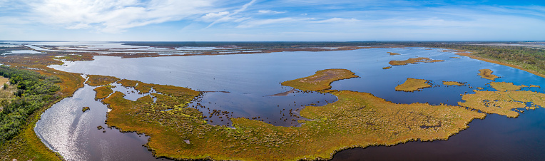 Scenic aerial panorama of a lake in Gippsland, Victoria, Australia