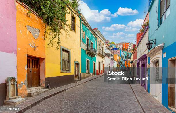 Guanajuato Mexico Scenic Cobbled Streets And Traditional Colorful Colonial Architecture In Guanajuato Historic City Center Stock Photo - Download Image Now