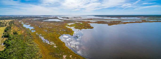 Large coastal salt water lake in Gippsland, Australia - aerial panorama