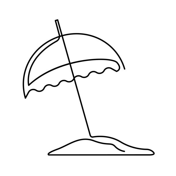 illustrazioni stock, clip art, cartoni animati e icone di tendenza di ombrellone continuo monomarca disegnato per la silhouette dell'immagine disegnata a mano da spiaggia. line art. ombrello di protezione solare. estate - parasol umbrella sun beach