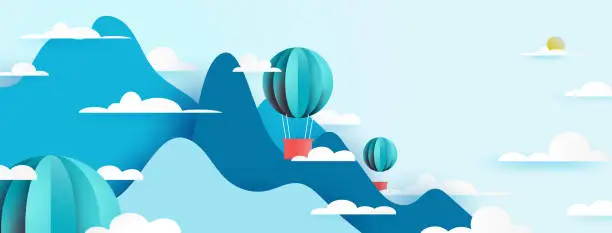 Vector illustration of Hot air balloon floating on Mountains view nature landscape scenery banner background paper art style.Vector illustration.