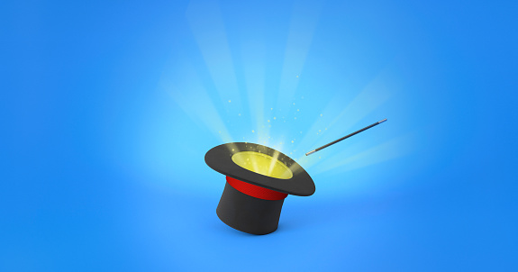 Magician hat. Light rays from a black top hat with a red ribbon and a magic wand. Blue background. 3d render